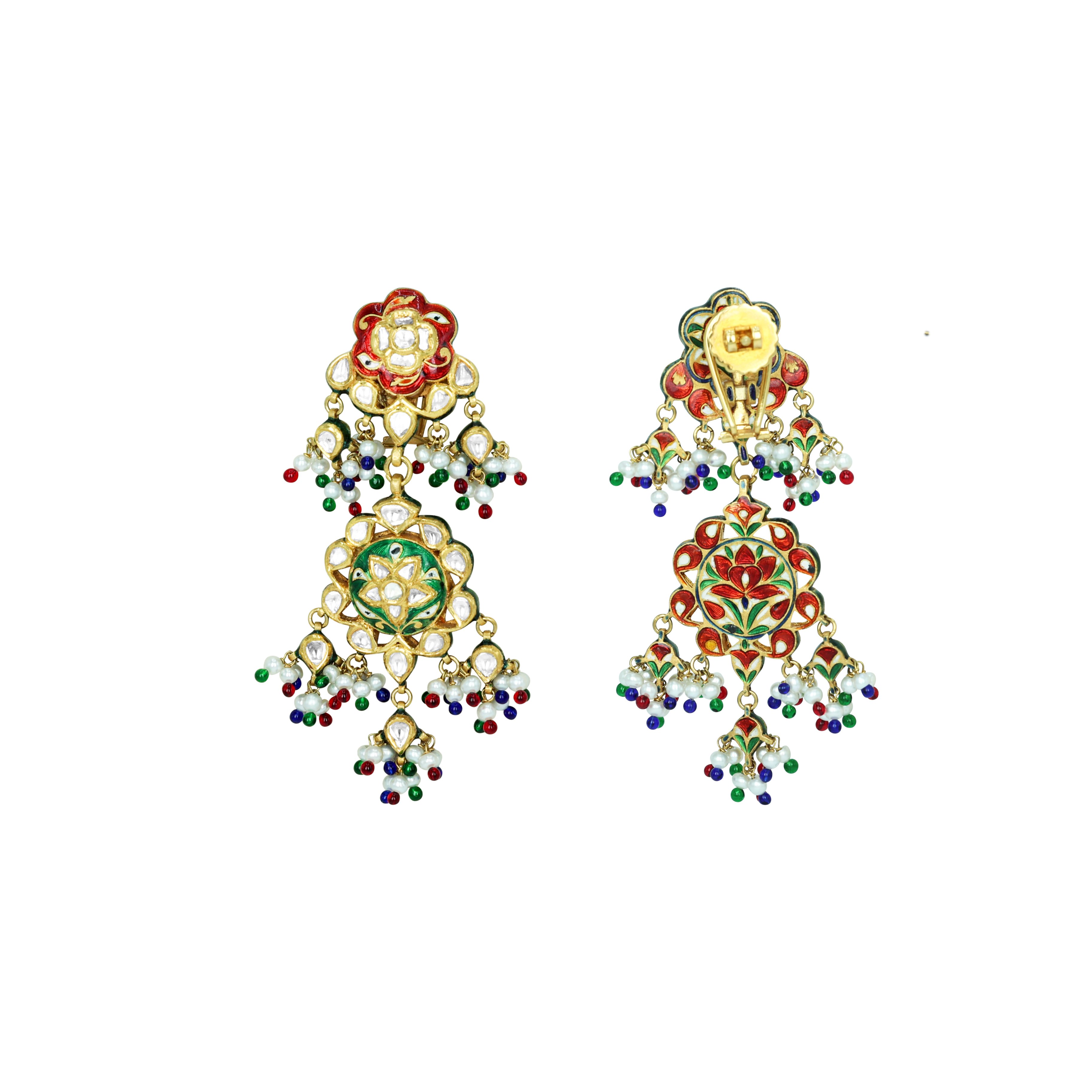 Floral Earrings with Polki, Red-Green Enamel, Pearls, and Beads